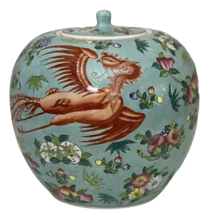 1960s Chinese Turquoise Hand-Painted Porcelain Ovoid Lidded Ginger Jar