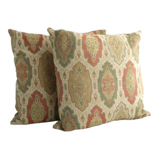 Pair of Designer Throw Pillows, Duralee Antoinette Fabric, Feather/Down Fill 19" For Sale