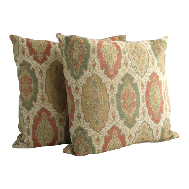 Pair of Designer Throw Pillows, Duralee Antoinette Fabric, Feather/Down Fill 19" For Sale