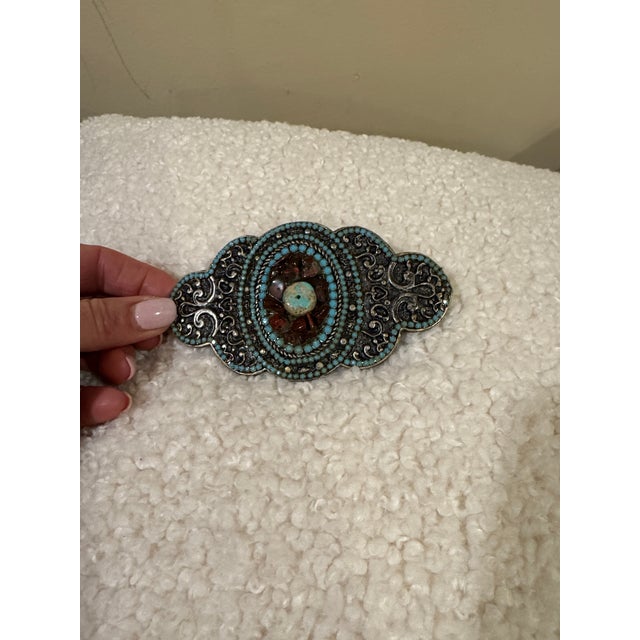 Vintage Heavy Brass Buckle With Turquoise & Inset Stones, Used -Great Shape For Sale In Portland, OR - Image 6 of 12
