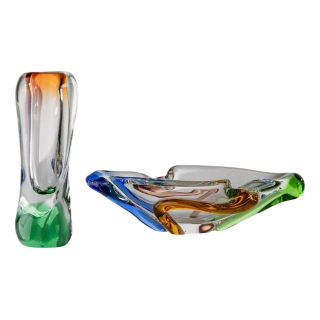 Vintage Rhapsody Bowl and Vase in Glass attributed to Frantisek Zemek for Mstisov, 1960s, Set of 2 For Sale