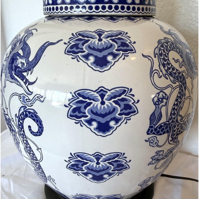 Vintage Large Blue & White Chinoiserie Dragon Ginger Jar Table Lamp For Sale - Image 4 of 11