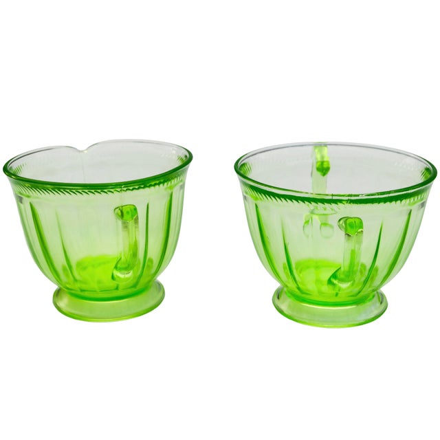 Mid-Century Modern Early 20th Century Handblown Green Fluorescent Glass-Art Sugar & Creamer- 2 Pieces For Sale - Image 3 of 8