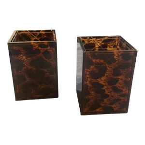 Two 1980s Mid-Century Modern Faux Leopard Lucite Containers Signed Dior Home