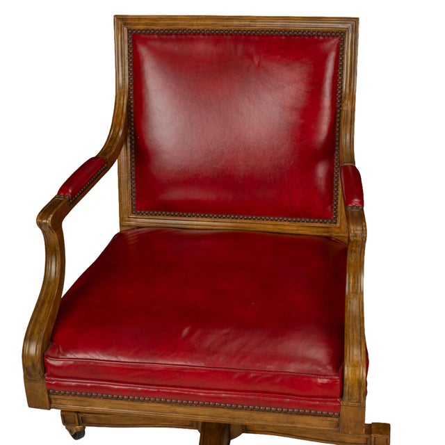 1980s Pair of 1980s Baker Furniture Rolling Executive Chairs in Carved Wood & Burgundy Vinyl Upholstery For Sale - Image 5 of 18