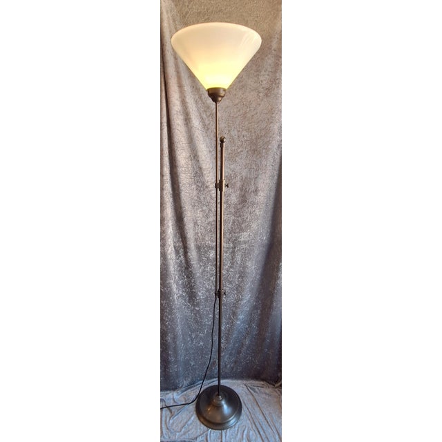 1980s Vintage Height-Adjustable Floor Lamp with Patinated Brass Frame and White Glass Shade, 1980s For Sale - Image 5 of 7