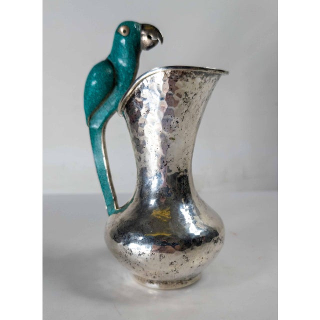 Metal Mid-Century Modern Silverplate Pitcher With Turquoise Bird After Los Castillos by Taxco Cobre For Sale - Image 7 of 13