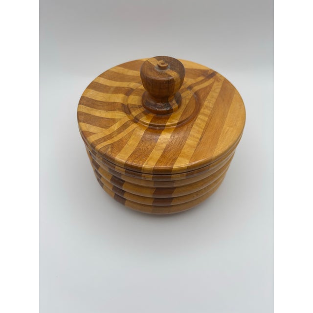 1996 Handcrafted Laminated Wood Lidded Bowl With Geometric Inlay For Sale In Madison - Image 6 of 11
