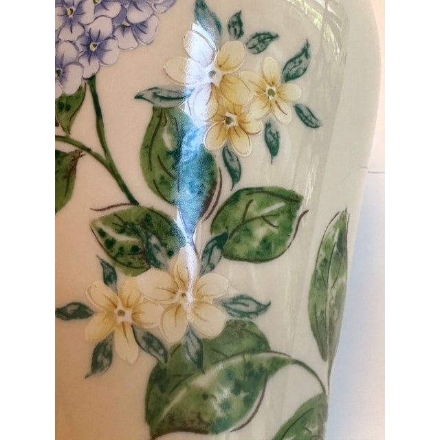 Ivory Lenox "Blue Hydrangeas" Collection Ceramic 10.5" Tall Ivory Vase Embossed Hand Painted Floral Design For Sale - Image 8 of 15