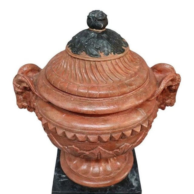 Early 20th Century Pair Neoclassical Figural & Foliate Terra Cotta Garden Urns & Pedestals For Sale - Image 5 of 12