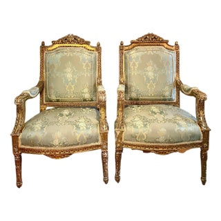 Late 18th Century Pair of Louis XVI Style Giltwood Fauteuil Armchairs With Silk Upholstery For Sale