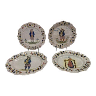 Collection of 4 French Quimper Faience Pottery Figural Plates For Sale