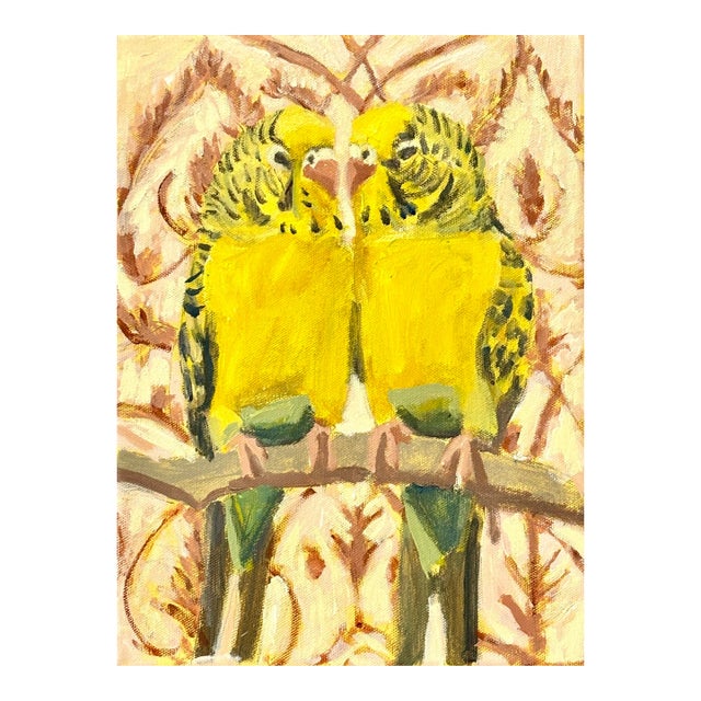 Budgies With Pale Sienna Patterned Background, an Original Painting by Michelle Heimann For Sale