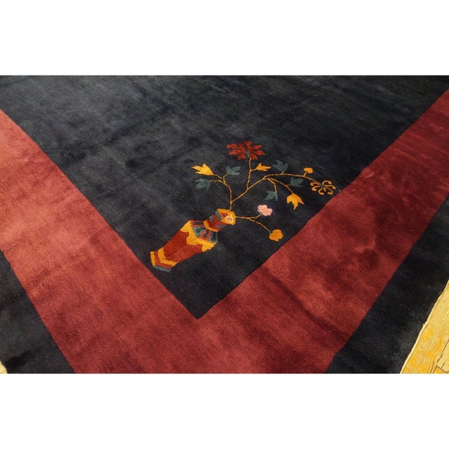 1920s Solid Blue Open Field Antique Chinese Art Deco Knotted Rug 11' 2" X 14' 2" For Sale - Image 9 of 11