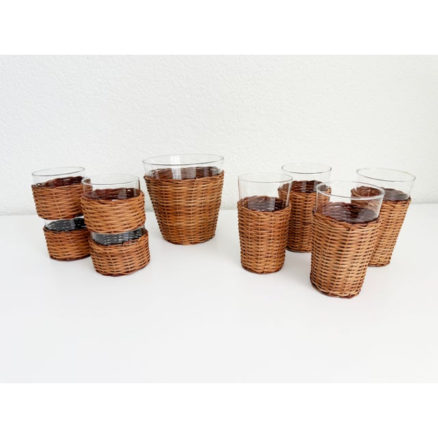 Vintage Wicker & Glass Drink Set, Ice Bucket & 8 Glasses For Sale - Image 4 of 8