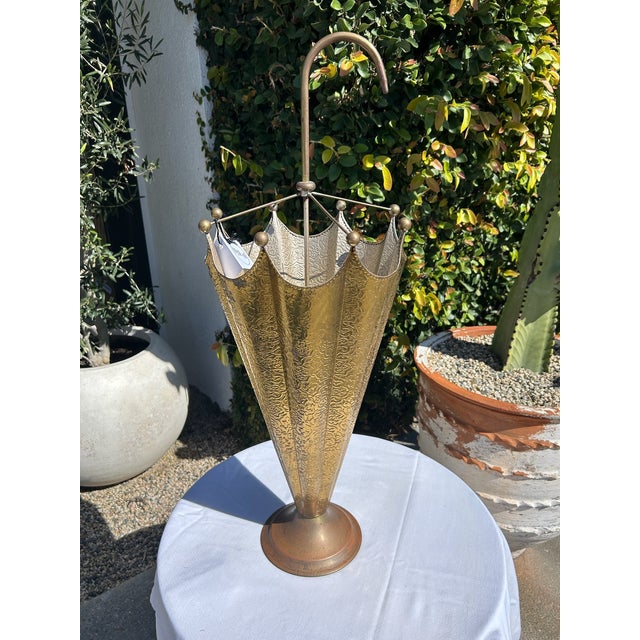 Vintage Embossed Brass Umbrella Stand With Hook Handle For Sale In Los Angeles - Image 6 of 16