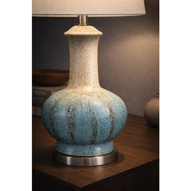 Sky Blue Late 20th Century Hand-Glazed Ceramic Table Lamp With Blue Reactive Glaze and Linen Drum Shade For Sale - Image 8 of 8