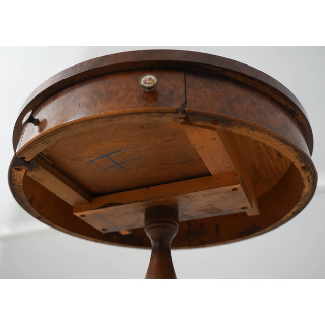 Round Burl Walnut & Mahogany 1 Drawer Pedestal Table For Sale - Image 16 of 17