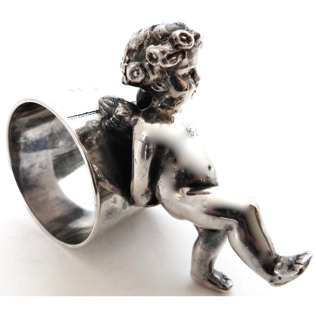Metal 19thC Silver Plated Victorian Figural Napkin Ring; "Winged Cherub Pushing Ring" For Sale - Image 7 of 7
