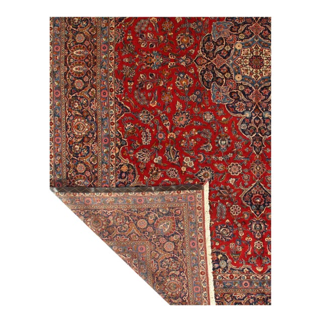 Traditional Red Semi Vintage Persian Hand Knotted Fine Kashan 10'8'' X 14'1'' For Sale - Image 3 of 4