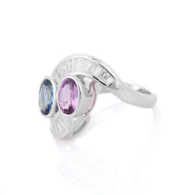 Art Deco Multi Sapphire Cocktail Ring in 18k Solid White Gold With Diamonds Size 7 For Sale - Image 3 of 5