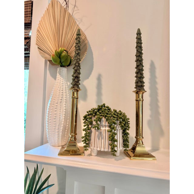 Pair of Vintage Polished Brass Neoclassical Column Candlesticks- Heavy For Sale - Image 4 of 8