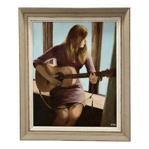 1970s “The Folksinger “ Signed Oil Painting, Framed
