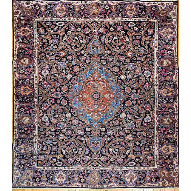 Vintage Khorassan Rug, Handwoven Floral Pattern, Navy & Turquoise, 10’ X 12’ For Sale - Image 4 of 12