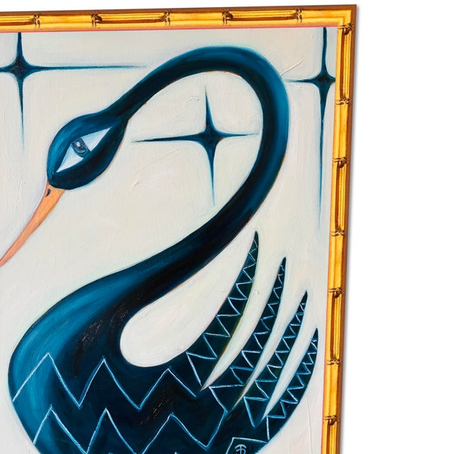 ‍Tatiana Duperault Black Swan Original Oil Painting, Mid-Century Style, Navy and Cream, Faux Bamboo Frame For Sale - Image 4 of 4