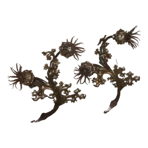 1920 French Art Deco Maison Jansen Brutalist Bronze Grand Floral Form Wall Sconces a - Pair