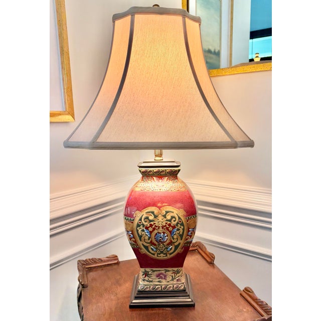 Late 20th Century Hand-Painted Oxblood Red Asian Chinoiserie Ceramic Table Lamp With Shade For Sale - Image 9 of 9