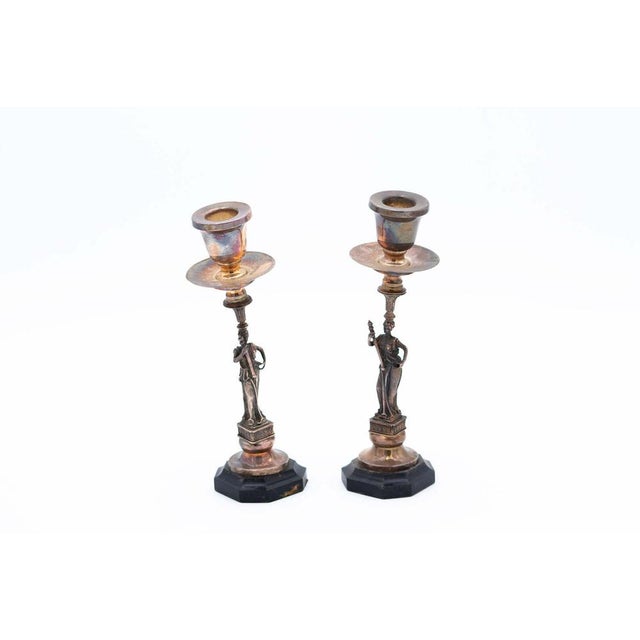 Silver Candlesticks with Deities and Plain Sconces with Octagonal Wooden Base, Set of 2 For Sale - Image 6 of 6