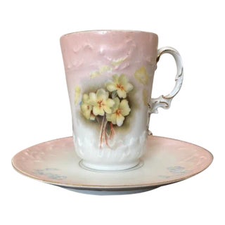 Antique Austrian Belle Epoque Pink Floral Porcelain Coffee Espresso Tea Cup and Saucer by Carlsbad, Ca. 19th Century For Sale