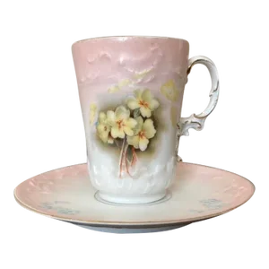 Antique Austrian Belle Epoque Pink Floral Porcelain Coffee Espresso Tea Cup and Saucer by Carlsbad, Ca. 19th Century