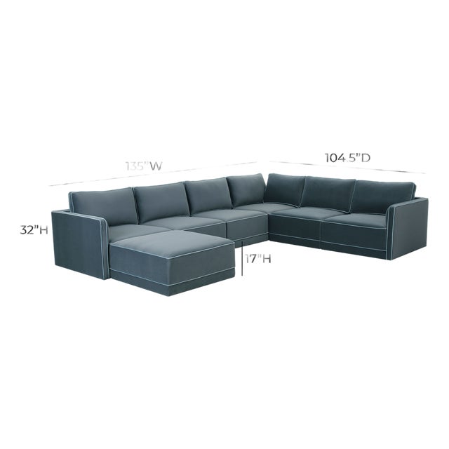 Willow Misty Blue with Pale Blue Piping Modular 7-Piece Performance Velvet Large Chaise Sectional For Sale