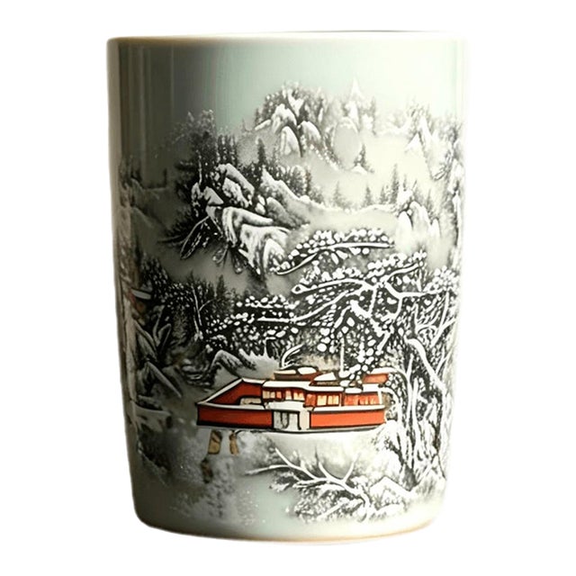 Chinese Ceramic Pot,Famille Rose Porcelain Brush Pot Hand Painted Snow Scene Landscape Pattern For Sale