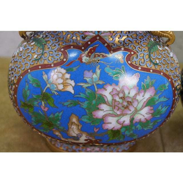 Antique Chinese Champleve Cloisonne Double Gourd Turquoise Mantel Vases Urns 12" For Sale - Image 11 of 17