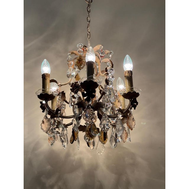 Hollywood Regency Crystal 6-Arm Chandelier with Hand-Painted Rose Details from Palwa, 1950s For Sale - Image 16 of 18
