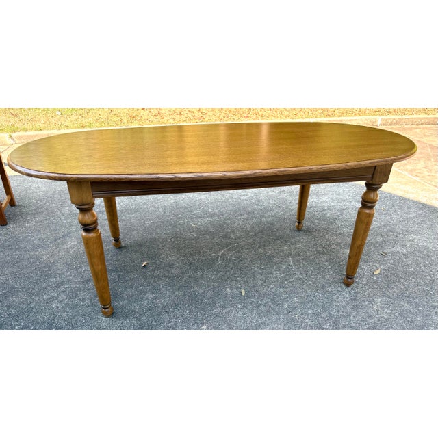 Nice vintage oval French country dining table with turned legs Chairs shown in last picture are not included but are...