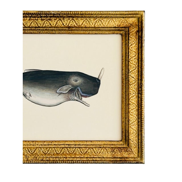 Nautical Original Hand-Painted Baby Whale Painting in a Vintage Gilt Frame For Sale - Image 3 of 4