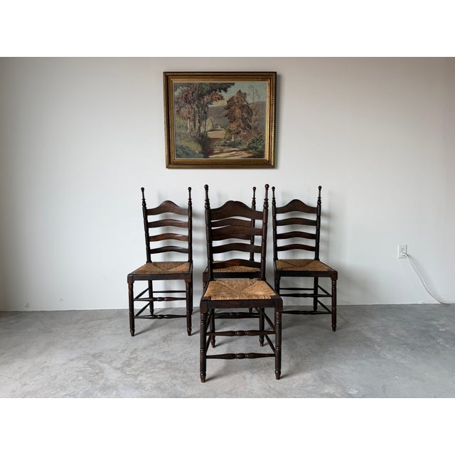 French Country Vintage French Country Style Oak Ladder Back Rush Seat Dining Chairs – Set of 4 For Sale - Image 3 of 18