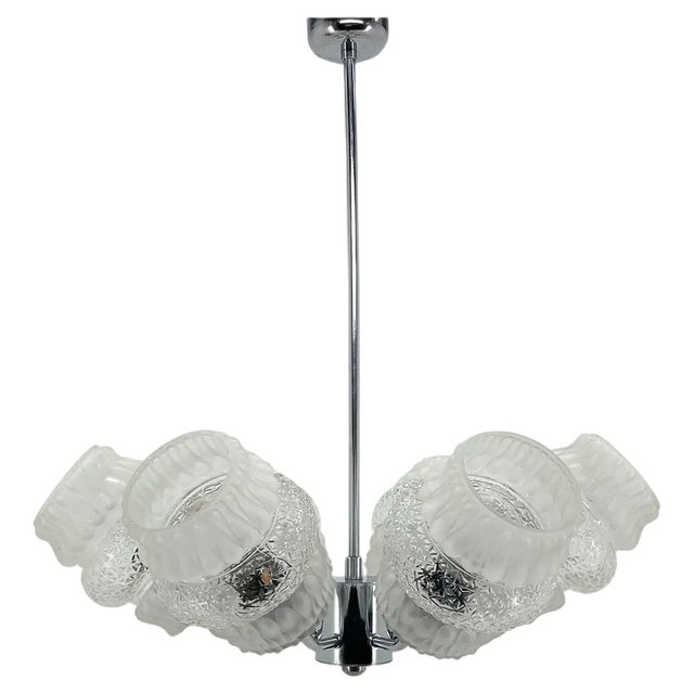 Mid-Century Glass & Chrome Chandelier, 1970s For Sale