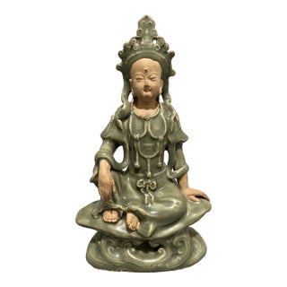Vintage‑Style Chinese Longquan Celadon Guanyin Statue For Sale
