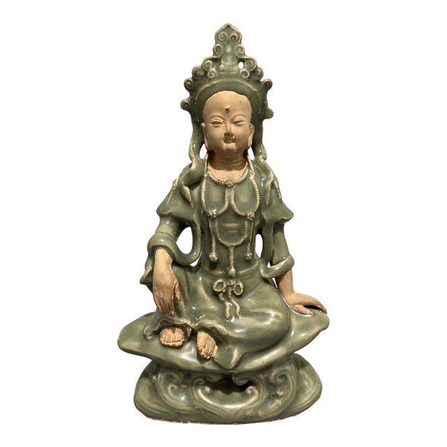Vintage‑Style Chinese Longquan Celadon Guanyin Statue For Sale