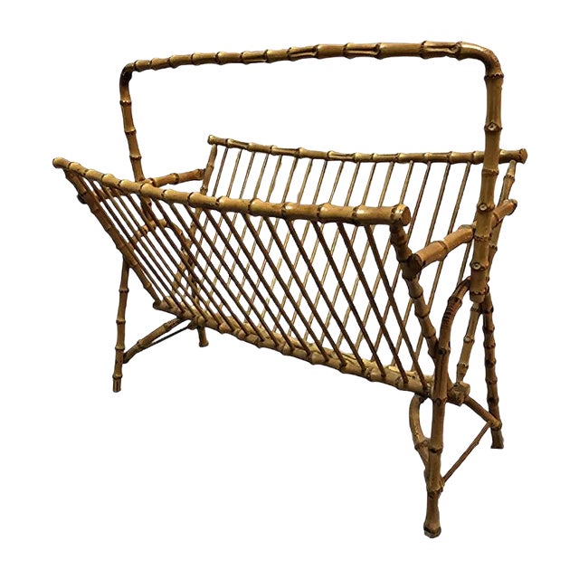 Mid-Century French Rattan Magazine Rack, 1950s For Sale