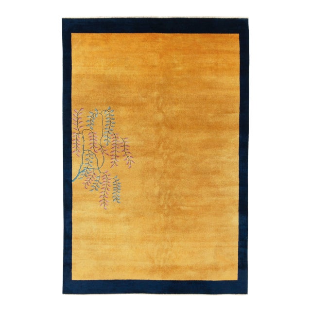 Vintage Chinese Deco Style Rug in Gold, Blue Border, Pink-Red Floral Patterns For Sale