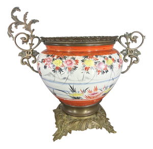 Vintage French Style Porcelain Urn with Brass Handles