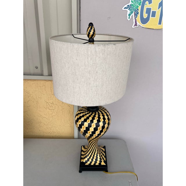 Wood Vintage Art Deco Yellow & Black Checkered or Chevron Pattern Lamp For Sale - Image 7 of 8