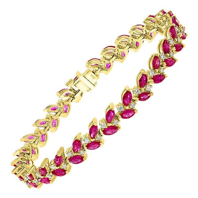 12 Carat Natural Marquise Ruby and Diamond Tennis Bracelet 14 Karat Yellow Gold For Sale