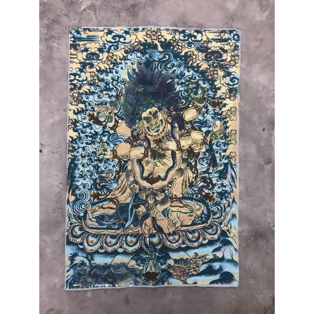 Mid 20th Century Xizang Embroidery and Brocade Thangka Buddha Painting - Wrathful Deity Protector Wall Art - Hand Painted Buddhist Sacred Scroll For Sale In Seattle - Image 6 of 6